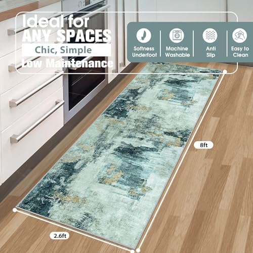 Runner Rugs for Hallways Kitchen 2.6x8 Non Slip Washable Teal Grey Gold