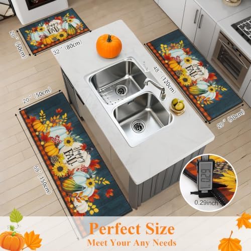 HEBE Fall Kitchen Rugs Set of 3, Washable Pumpkin Kitchen Mats for Floor