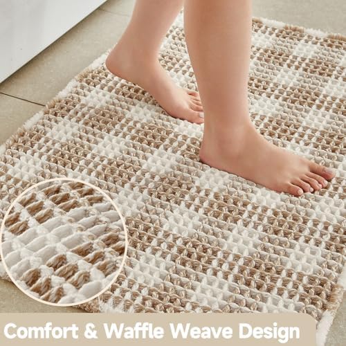 TYUU Waffle Runner Rug Bathroom, Long Boho Bath Mat, 72x24 Khaki & White