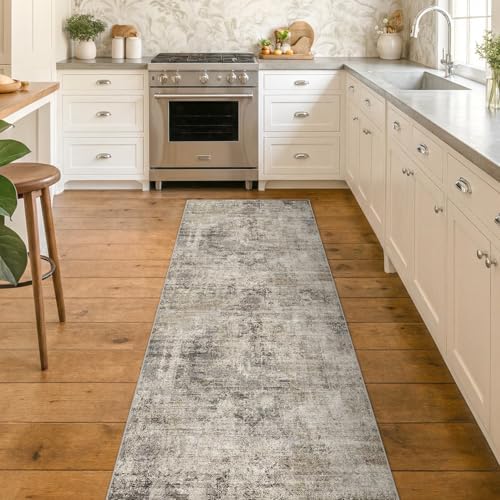 2'6"x8' Runner Rug for Hallway, Washable Taupe Brown 8ft Long Kitchen Rug, Non Slip Entryway Carpet with Rubber Backing, Stain Resistant Medallion Abstract Design, Distressed Design