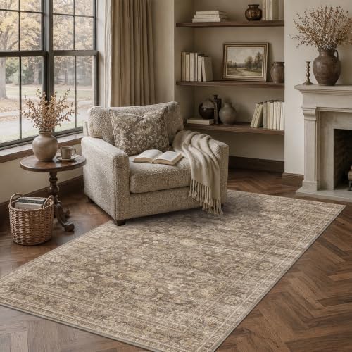 JOOJA 3x5 Neutral Tan Vintage Washable Area Rug Non Slip Moody Entryway Rug