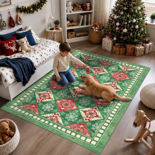 Green Christmas Area Rug 5x7, Washable Rug for Living Room, Checkered
