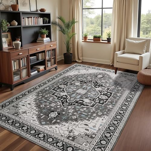 Macgace Washable Vintage Small Area Rug for Bedroom, 3x5 Rugs Black Grey