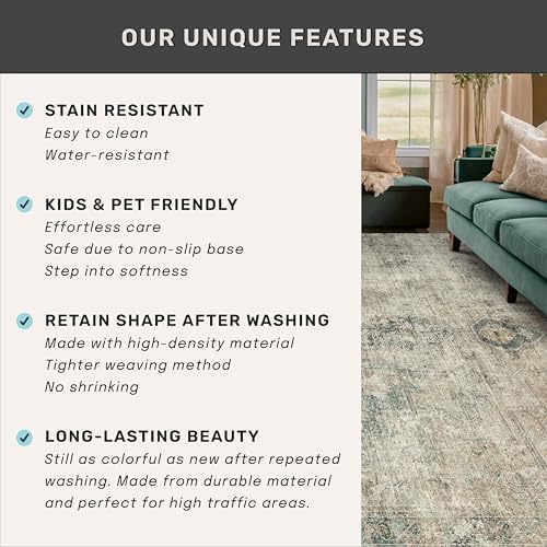 Moss Green 2'6"x8' Farmhouse Kitchen Rugs - 8ft Long Indoor Rugs for Entryway Non Slip, Washable Hallway Runners, Medallion Abstract Design Low Pile Stain Resistant Carpet, Distressed Design
