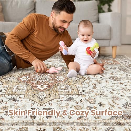 cotiled 8x10 Area Rug for Living Room, Washable, Traditional, Golden Taupe