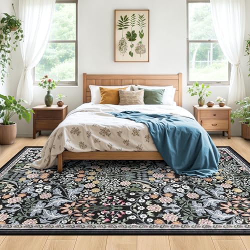PLHXFR Area Rug Living Room: 5x7 Floral Washable Boho Carpet Dark Black