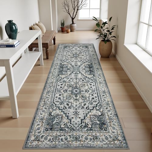 Joydeco Washable 2x6 Hallway Runner Vintage, White&Light Gray&Dark Gray