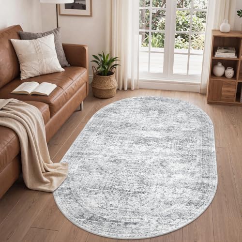 3x5 Oval Rug for Bedroom,Washable Area Rug,Grey