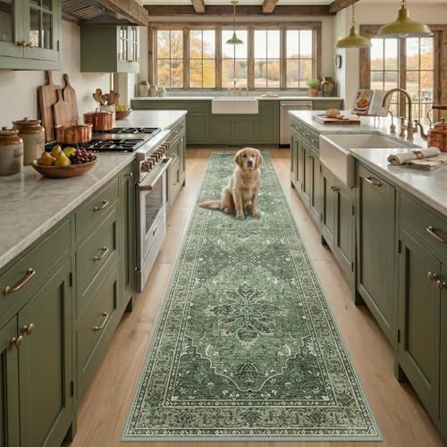 RELEANY Washable Area Rug, Runner 2'6"x14', Green/Dark Green/Gray
