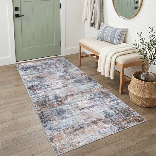 IOHOUZE Abstract Runner Rug 3x6 Ft Washable Runners for Hallways, Non Slip Kitchen Runner Printed Faux Wool Entryway Runner Indoor, Modern Abstract Floor Carpet for Hall Kitchen Bedroom, Orange Grey