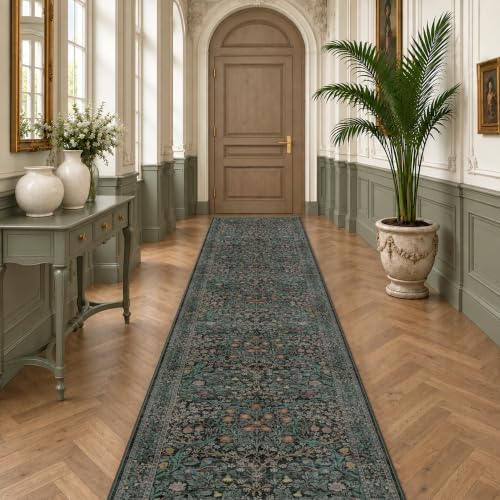 Dark Green Washable 3x16 Extra Long Runner Rug for Hallway Non Slip, Large Kitchen Indoor Floor Rugs for Entryway Hall Way, Soft Stain Resistant Low Pile Vintage Floral Carpet