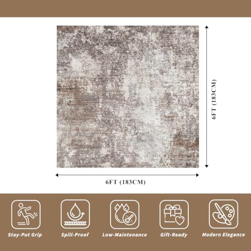 Square Area Rug 6x6 Washable – Non Slip Modern Abstract for Kitchen Dining Room Living Room – Low Pile Thin Soft Indoor Rug (Brown Beige, 6ft)