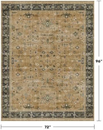 Traditional Washable 6x8 Area Rug for Living Room, Vintage Boho Dining Room Rugs for Under Table, Lightweight Foldable Low Pile Soft Carpet, Rustic Brown and Charcoal Olive Floral Design