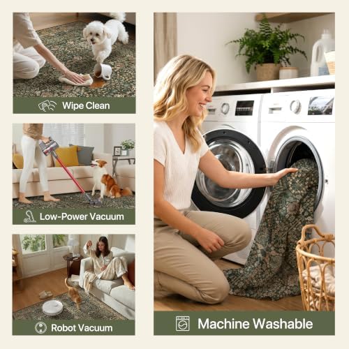 Bavni 2x7 Kitchen Runner Rug, Washable Non Slip, Dark Green Brown