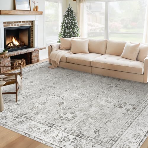 XLUEZ Area Rug 6x9 Living Room Rug, Machine Washable Vintage Distressed Boho Area Rug Non-Slip Soft Low Pile Large Indoor Rugs for Bedroom Kitchen Dining Room Office(Floral Grey,6'x9')