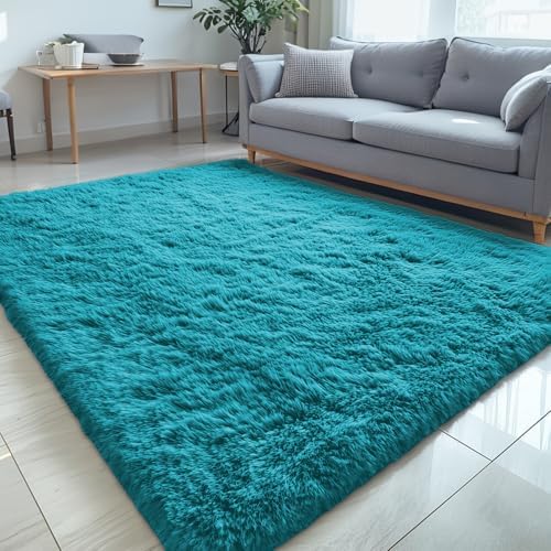 OLANLY 5x7 Machine Washable Large Area Rugs for Living Room, Bedroom, Soft Fluffy Shaggy Bedside Rug, Indoor Floor Carpet for Kids Girls and Boys, Dorms, Nursery, Home Decor Aesthetic, Teal