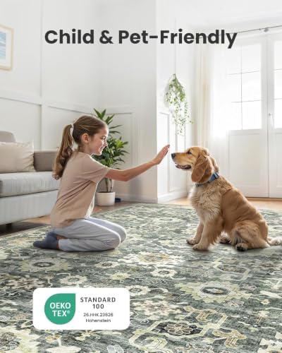Amada 5x7 Washable Area Rug for Living Room, Green/Brown, Vintage Pattern