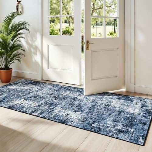 Rugflix 2x7 Runner Rug for Hallway, Washable Navy Blue Kitchen Runners