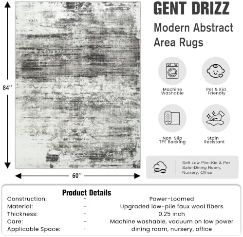 5x7 Area Rugs for Living Room: Washable Abstract Black Grey Bedroom Carpet