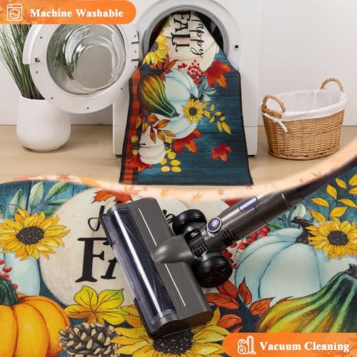 HEBE Fall Kitchen Rugs Set of 3, Washable Pumpkin Kitchen Mats for Floor