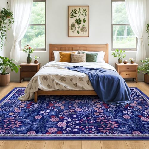 PLHXFR Area Rug 10x14 Living Room: Floral Washable Boho Soft Carpet Blue