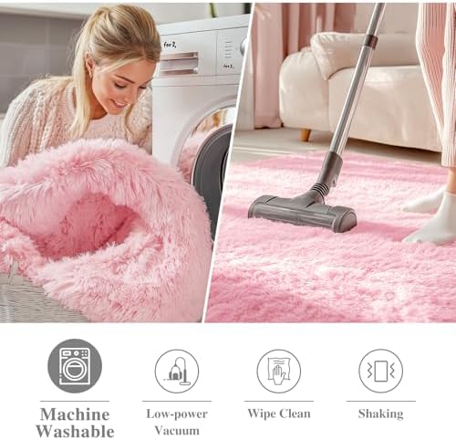 OLANLY Pink Round Rugs for Bedroom - Machine Washable, 7 ft Circle Area Rugs for Living Room, Soft and Fluffy Shaggy Carpet for Teen Girls and Boys, Nursery Rooms, Dorms, Home Decor Aesthetic