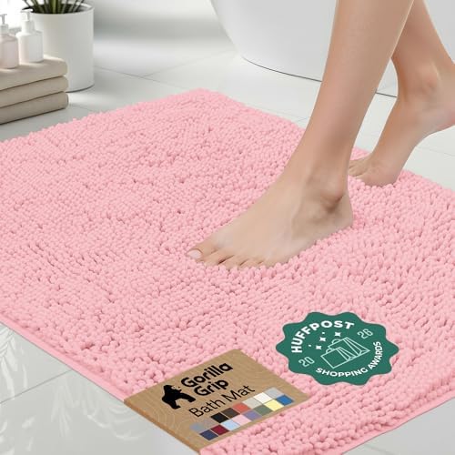 GORILLA GRIP Bath Rug Mat for Bathroom, Absorbent Chenille 24x17 Light Pink