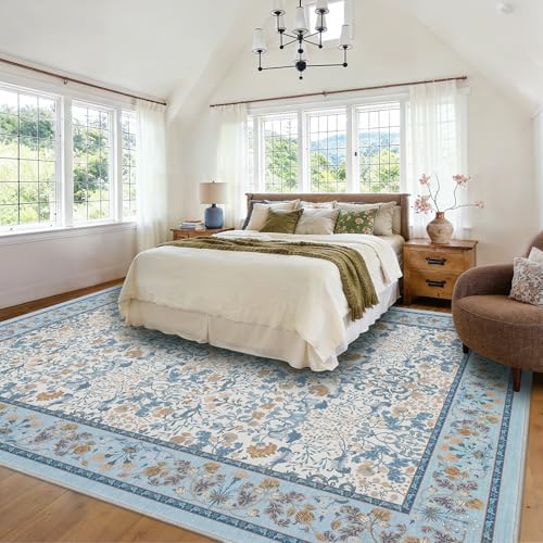 Amada Floral Washable Area Rug,8'x10',Light Blue