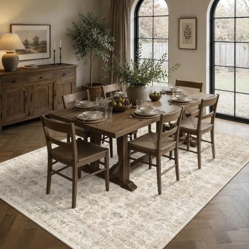 JOOJA 6x9 Beige Neutral Vintage Boho Washable Area Rug, Soft Floor Carpet