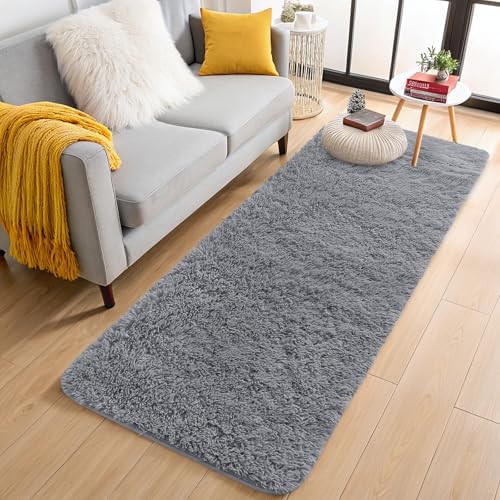 OLANLY 2x5 Machine Washable Runner Rugs for Hallway, Soft Fluffy Shaggy Bedside Rugs for Bedroom, Living Room, Indoor Floor Carpet for Kids Girls Boys, Nursery Rooms, Home Decor Aesthetic, Light Grey