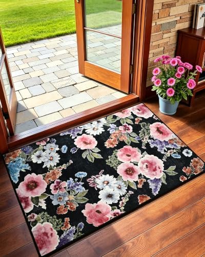 Macgace Floral Area Rug for Entryway, Washable 2x3 Black Small Rugs