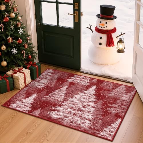 Madane Christmas Rug 2x3 for Entryway, Washable Xmas Tree Soft Door Mat Red
