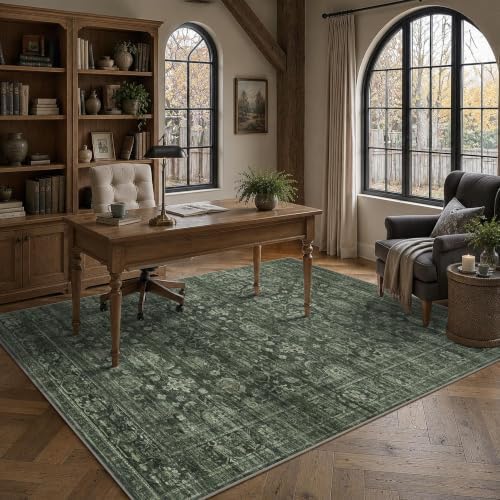 JOOJA 5x7 Dark Green Vintage Washable Soft Low Pile Living Room Area Rug