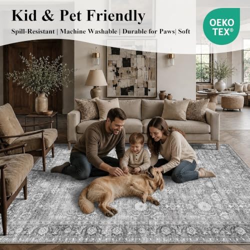 JOOJA 2x6 Grey Vintage Soft Low Pile Non Slip Washable Boho Runner Rug