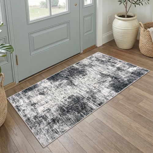 IOHOUZE Abstract Runner Rug 2x4 Ft Entryway Rugs Washable Door Mat Indoor Entrance, Rubber Backed Entryway Runners, Printed Faux Wool Non Slip Floor Carpet for Foyer Front Door Sink, Black Grey
