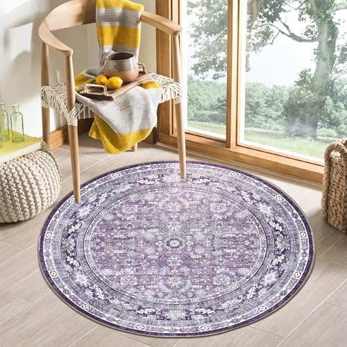OPPODREAM Vintage Purple Area Rugs 4' Round, Washable Rug for Living Room