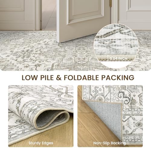 Washable Area Rugs for Living Room 9x12 Neutral Floral Large Soft Rug Beige