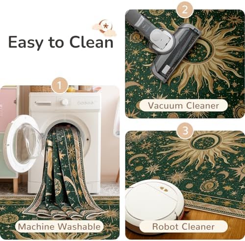 Vacuum-Friendly, Round 4ft Washable Area Rug, Green Gold Yellow