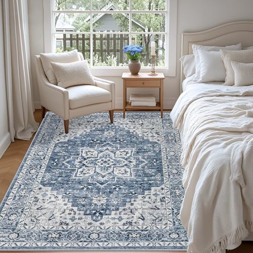 5x8 Area Rugs Living Room: Washable Vintage Rug for Bedroom Blue
