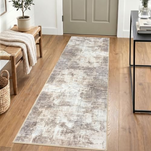 IOHOUZE Abstract Runner Rug 2x6 Ft Washable Runners for Hallways, Non Slip Kitchen Runner Printed Faux Wool Entryway Runner Indoor, Modern Abstract Floor Carpet for Hall Kitchen Bedroom, Beige Brown