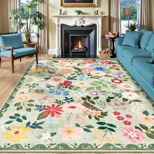 PLHXFR Area Rug 10x12 Living Room: Floral Washable Boho Soft Carpet Green