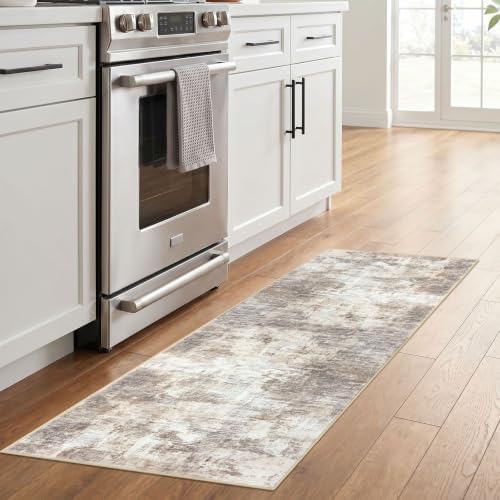 IOHOUZE Abstract Runner Rug 2x6 Ft Washable Runners for Hallways, Non Slip Kitchen Runner Printed Faux Wool Entryway Runner Indoor, Modern Abstract Floor Carpet for Hall Kitchen Bedroom, Beige Brown