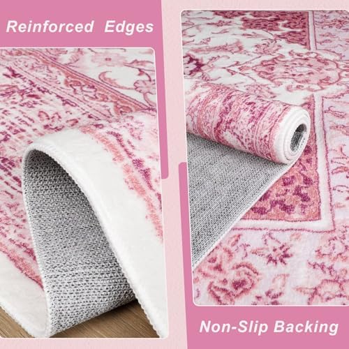 Macgace Washable Vintage Area Rug for Living Room, 6x9 Rugs Bright Pink