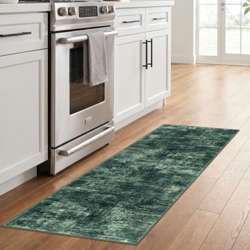 IOHOUZE Abstract Runner Rug 2x6 Ft Washable Runners for Hallways, Non Slip Kitchen Runner Printed Faux Wool Entryway Runner Indoor, Modern Abstract Floor Carpet for Hall Kitchen Bedroom, Dark Green