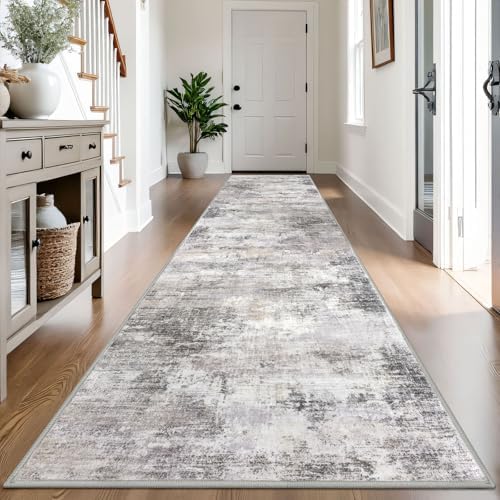 IOHOUZE Abstract Runner Rug 3x14 Ft Washable Runners for Hallways, Non Slip Kitchen Runner Printed Faux Wool Entryway Runner Indoor, Modern Abstract Floor Carpet for Hall Stair, Grey Beige