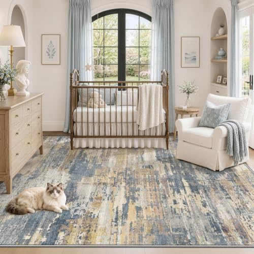 XLUEZ 5x7 Area Rugs for Living Room, Washable Modern Abstract Large Area Rug Neutral Soft Non Slip Kids Rug Stain Resistant Indoor Carpet for Bedroom Nursery Dining Room Playroom(BlueBeige, 5'x7')