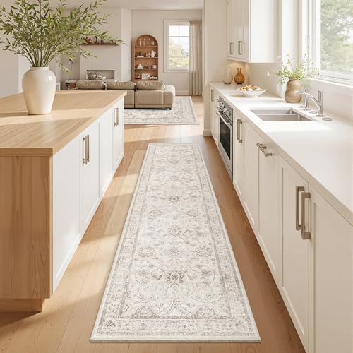 Madane Runner Rug 2x8 for Hallway, Kitchen Non-Slip Runner Rug Brown/Ivory