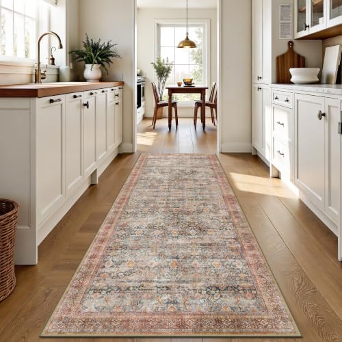 2x6 Hallway Runner Rug, Washable Vintage Retro Long Runner Rugs for Kitchen Laundry, Soft Ultra Thin Non Slip Low Pile Traditional Distressed Boho Carpet for Bedroom Bathroom, Rust Clay