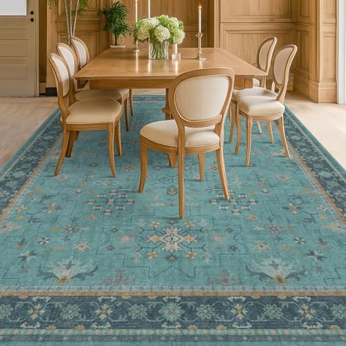 Boho Teal 7x9 Soft Rugs for Living Room, Washable Turquoise Rug for Bedroom Under Bed, Vintage Non Slip Floral Dining Room Carpet, Low Pile Soft Fade Resistant