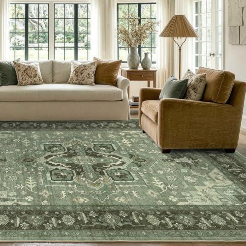 8x10 Ft Large Area Rugs for Living Room, Soft Non-Slip Machine Washable Rug, Vintage Stain Resistant Carpets for Bedroom Nursery Dining Room Home Decor (Green)